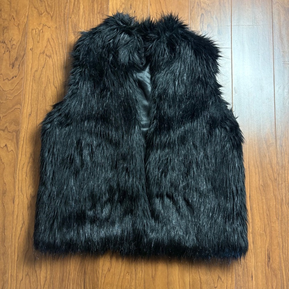 Willi Smith Black Faux Fur Vest Large Shaggy Open Front Sleeveless Jacket